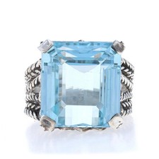 Sterling Silver Blue Topaz Cocktail Solitaire Ring - 925 Emerald Cut 16.98ct