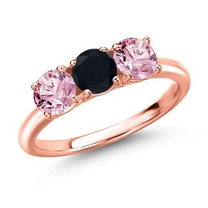 Authentic 18K Rose Gold Plated Silver Onyx and Pink Lab Grown Diamond Engagement Ring For