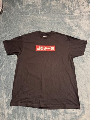 Levis Men 2XL Black Upside Down Red Box Logo Graphic Crew Neck T-Shirt PTP 24.5