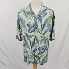 Tommy Bahama 100% Silk Loop Collar Hawaiian Shirt Tropical Leaves Blue Green XL