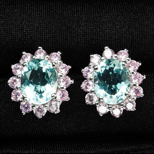 Velvety Sky Blue Aquamarine 4.65Ct 925 Sterling Silver White Gold Halo Earrings