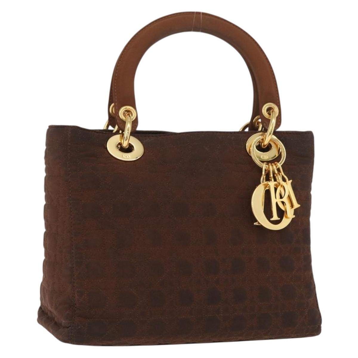 Christian Dior Canage Lady Dior Hand Bag Nylon Brown Gold Auth