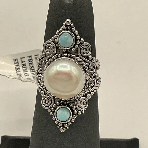 925 Sterling Silver Real Pearl & Larimar Accent Ring Size US6 Vintage