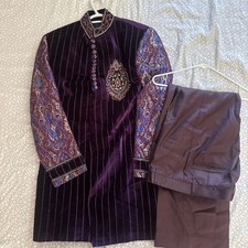 MENS GROOMS ASIAN SHERWANI PURPLE GOLD BOMBAY STORES VELVET LUXURY