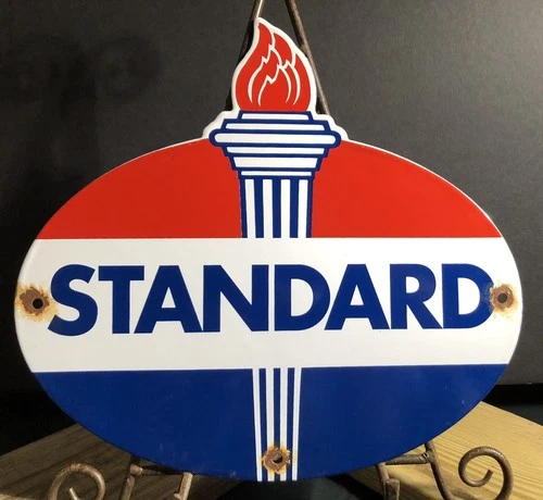VINTAGE STANDARD GASOLINE PORCELAIN TORCH GAS SERVICE STATION PUMP PLATE SIGN