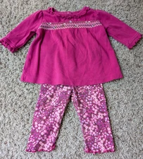 Gymboree 3-6 Pretty In Plum Outfit Smocked Shirt Floral Leggings