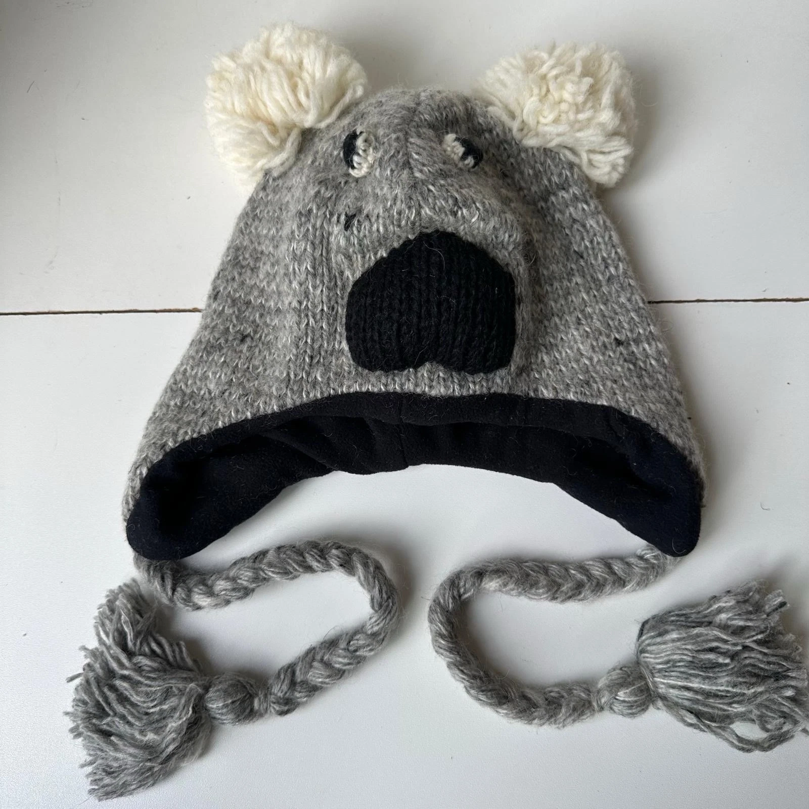 Koala Bear Knit Winter Hats Pom Pom Ear Flap Beanie Cap 2 Variation (Khaki-Gray)