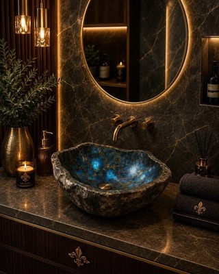 18'' Handmade Labradorite Stone Wash Basin , Round Kitchen & Bathroom Vessel Sink