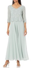J Kara Women's V-Neck 3/4 Sleeve Scalloped Beaded Mock Dress Size 10 Celadon