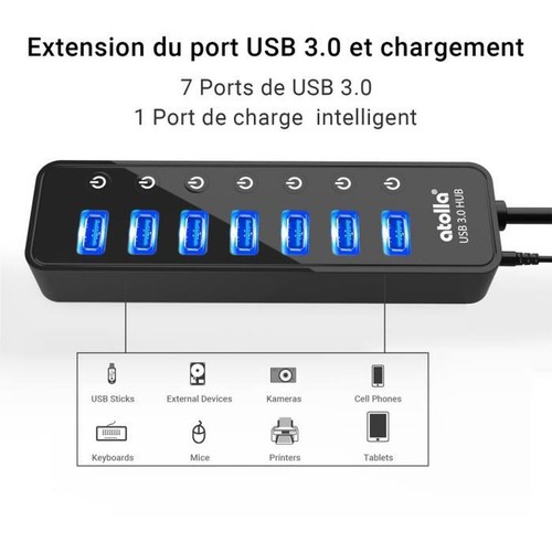 Hub USB 3.0 Alimenté 7 Ports USB Multiprise USB Interrupteur Indépendant 5V/4A - Imagen 2 de 4