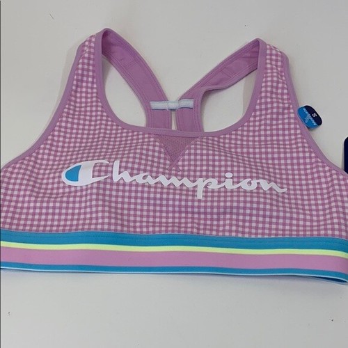 NWT Champion pink white blue gingham sports bra spellout womens Small new