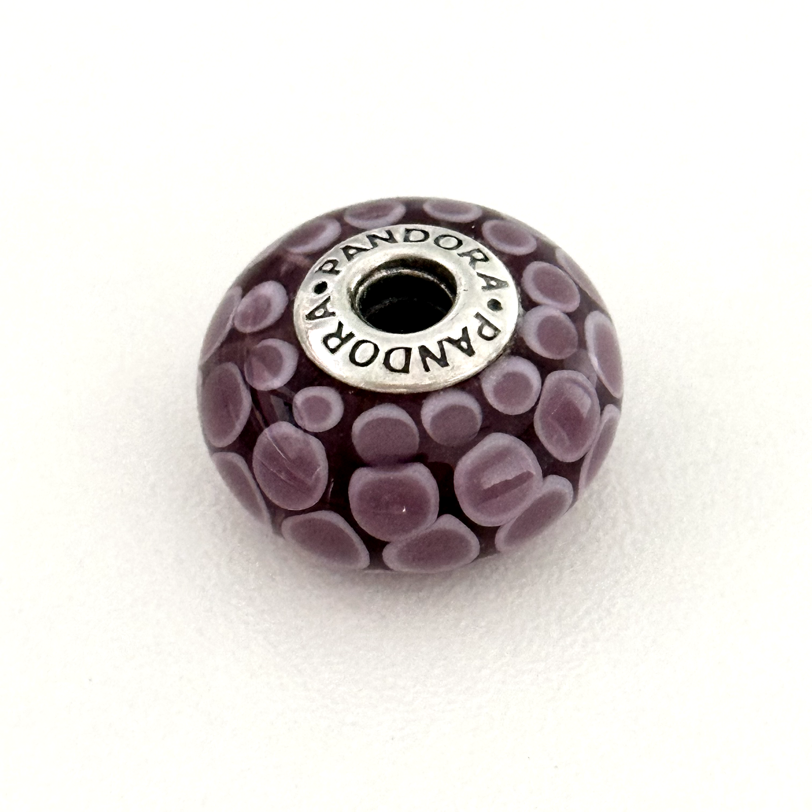 Pandora Sterling Silver XL Purple Polka Dot Murano Glass Bead Charm