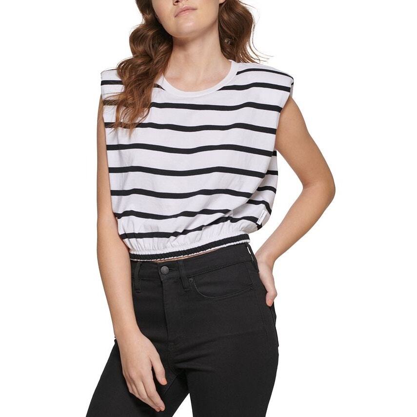 Calvin Klein Jeans Women's Striped ElasticWaist ShoulderPad Top Size