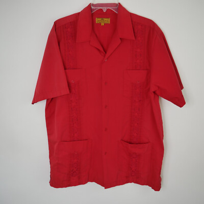 Vintage Scorpio USA Guayabera Shirt L Mexican Wedding Red Barber S/S Embroidered