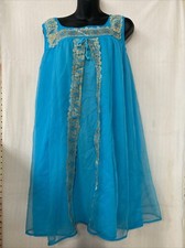Bright Blue Gold Lace Retro Nightie Chemise Used Size M