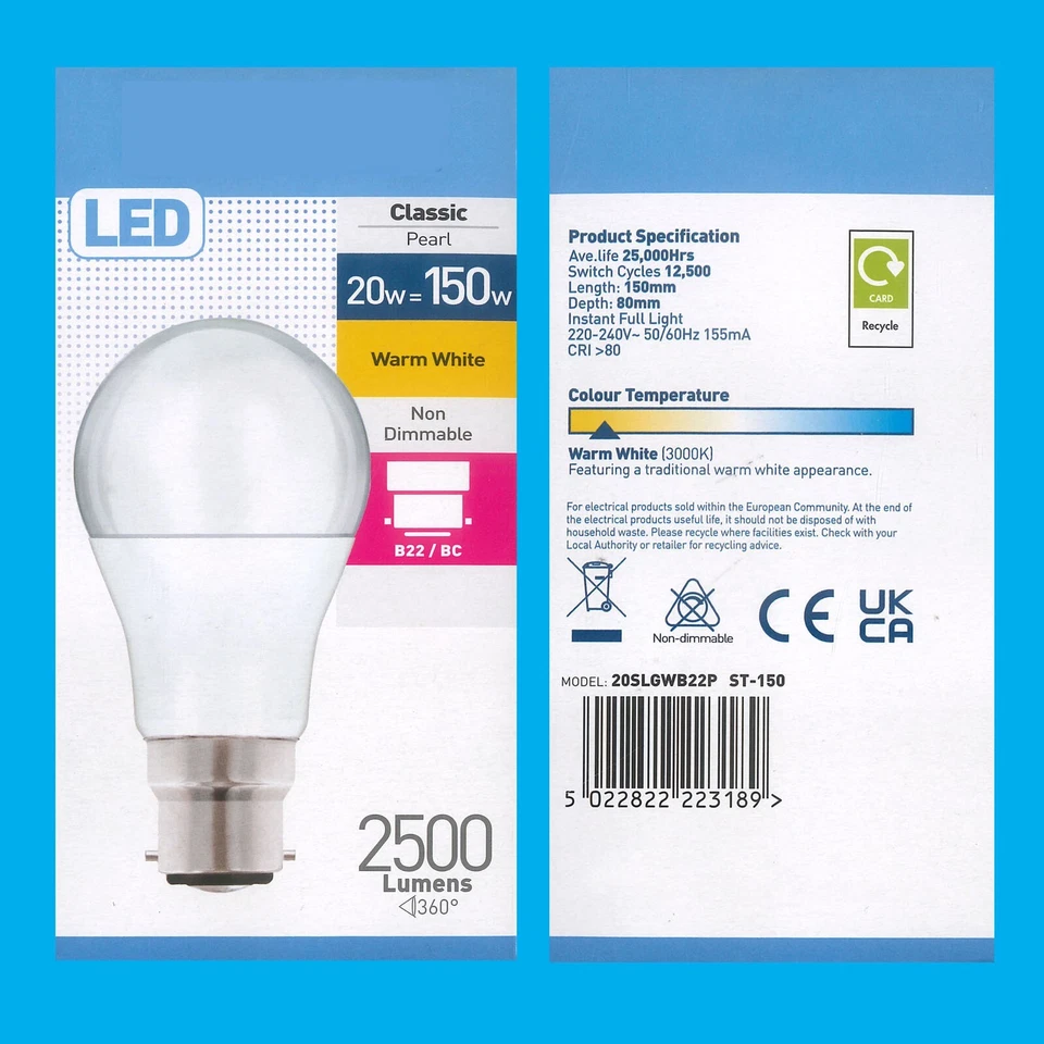 2x 20W (=150W) LED GLS Pearl Bayonet BC B22 Warm White 3000K Light Bulb Lamp - Image 3 of 3