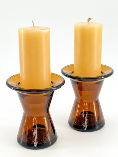 Vtg DANSK DESIGNS Amber-Brown Glass Candlestick Holders MCM + ORIGINAL CANDLES - Picture 6 of 8