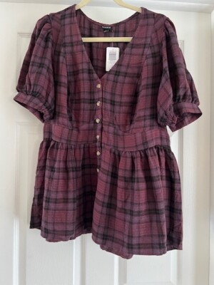 Torrid Babydoll Crinkle Flannel Gauze Button Up, SS, Plaid