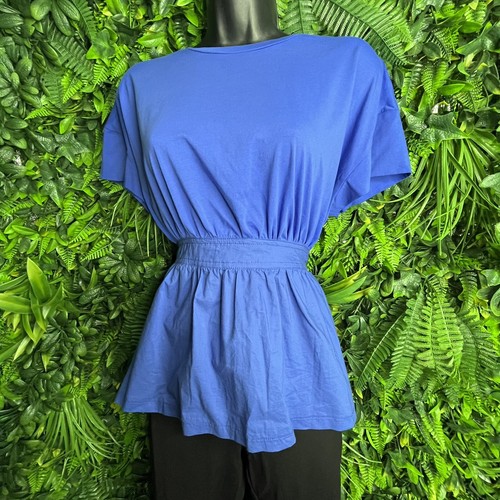 SANJOY Tops Women Small Blue Blouse Peplum Apron Tie Open Back Top NWT 0173 - Picture 5 of 13
