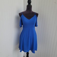 Lush Blue Floral Print Cold Shoulder Ruffle Spaghetti Strap A-Line Shift Dress S