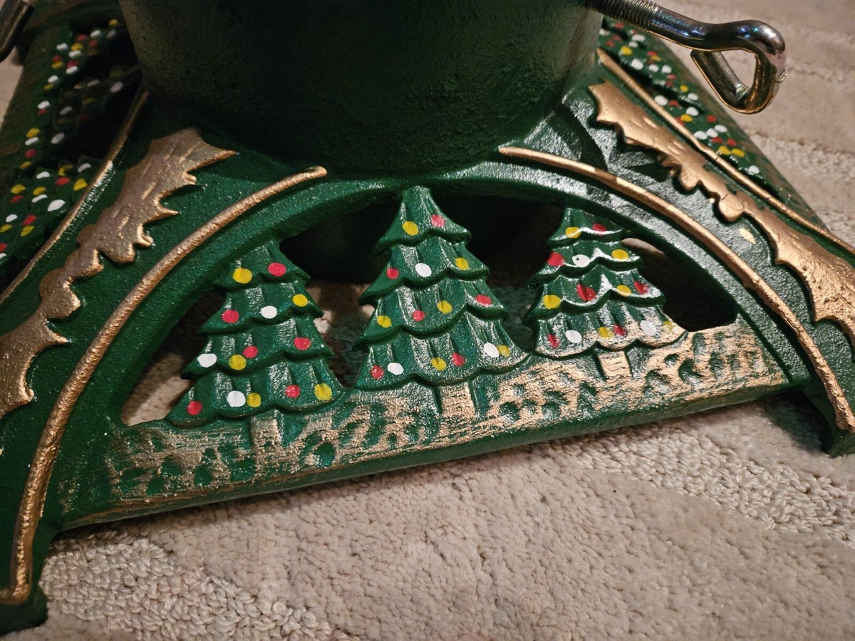 Vintage Cast Iron Painted Christmas Tree Stand Pine Trees Gold