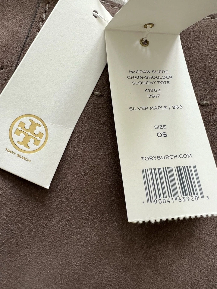 Tory Burch MCGRAW GAMUZA CADENA-HOMBRO HOLGADO BOLSO TOTE- Plateado Arce- Talla OS Foto 4 de 4