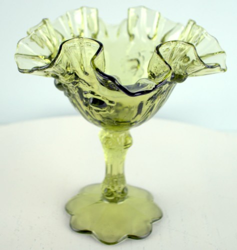 Vintage Fenton Art Glass Colonial Green 6.25" Cabbage Rose Ruffled Rim Compote - Picture 5 of 7