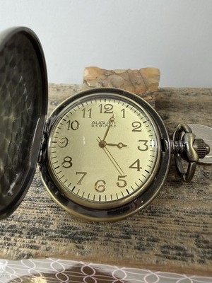 Men s Pocket Watch Brown Wood Inlay With Coin-Edge Border Bronze-Tone Timepiece