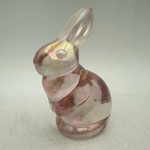 Vintage Fenton Glass Mini Bunny Rabbit Figurine Pink Iridescent 2.75" Tall
