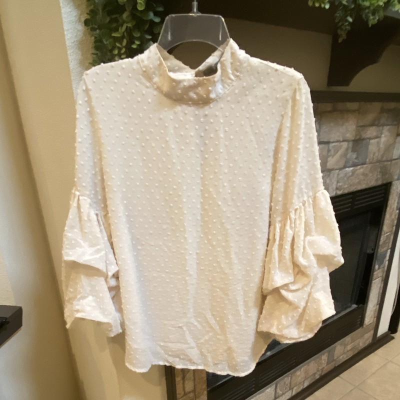 Wishlist Apparel White Polka Dot Mock Neck Ruffle Sleeve Button Front Blouse M