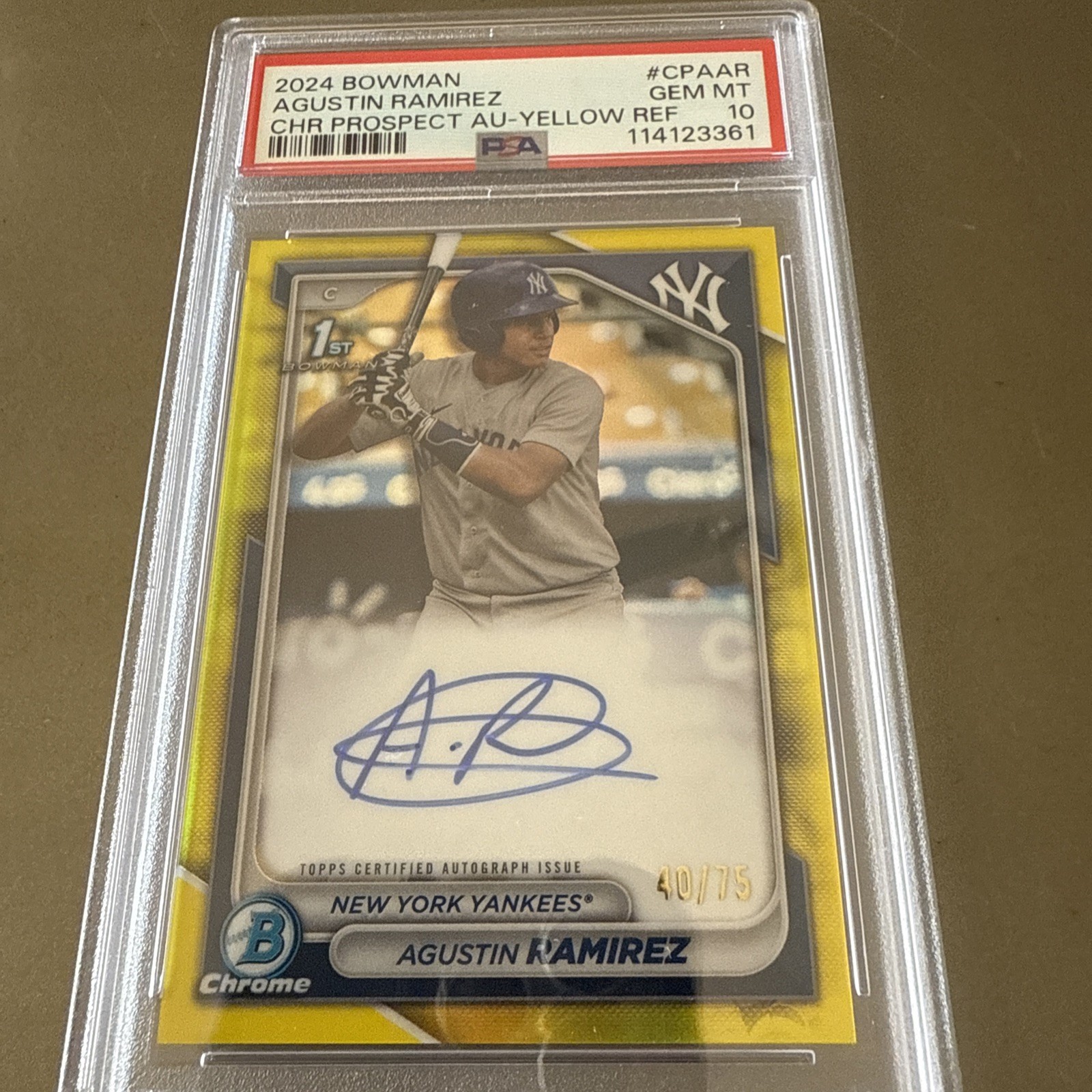 2024 Bowman- Chrome Prospect Autographs Agustin Ramirez #CPA-AR Yellow/75 PSA 10