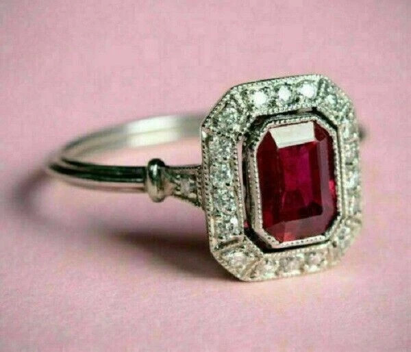 2.25Ct Lab Created Red Ruby Halo Engagement Wedding Ring 14K White Gold Finish