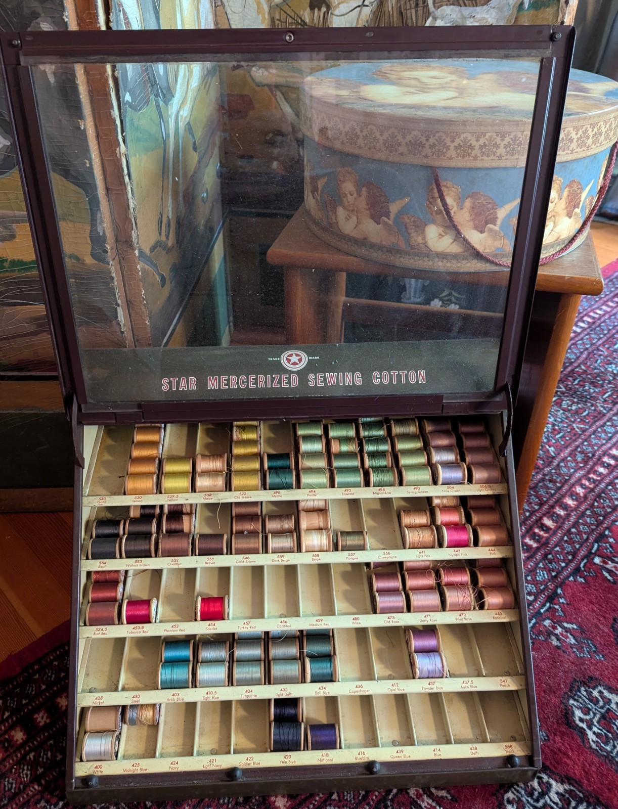 Vintage Star Mercerized Sewing Thread Spool Advertising Display Cabinet