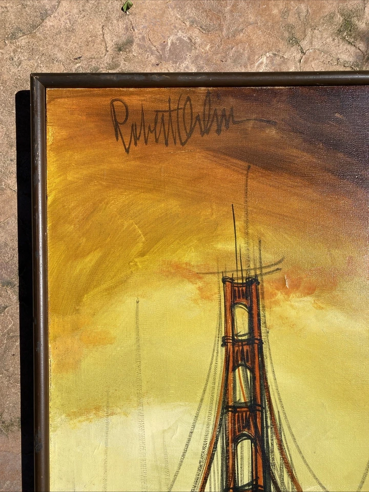Pintura al óleo vintage de mediados de siglo MCM arte puente Golden Gate, Woody Robert Orlin Foto 3 de 4
