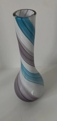 Vintage Nasco lila blau weiß Wirbel gestreift Kunstglas mundgeblasene Knospe Vase