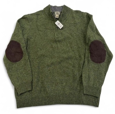 NWT LL Bean Shetland Wool Quarter Zip Sweater Mens XL Green Elbow Patch