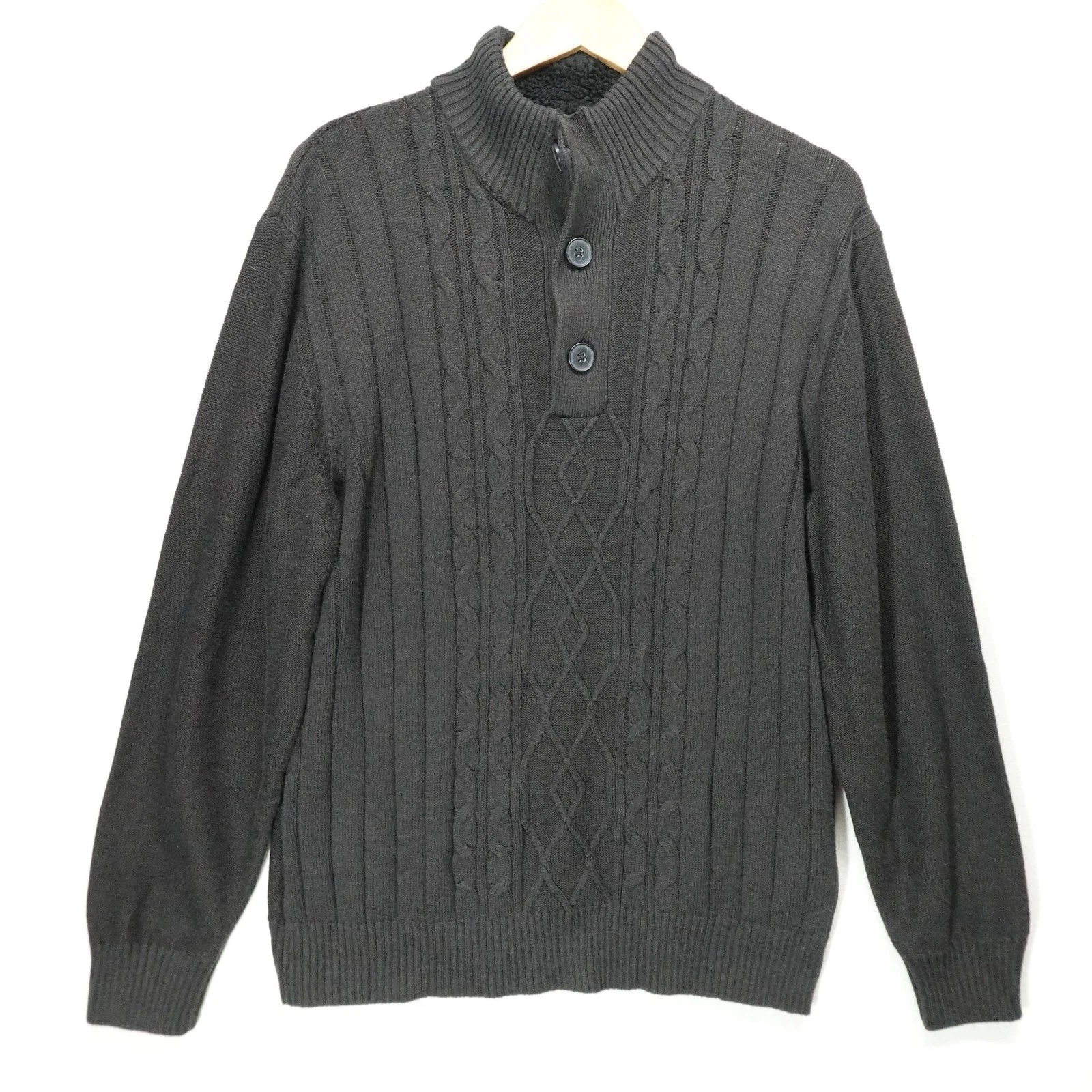 Tricots St Raphael Sweater Mens XL Gray Cable Knit Mock Neck Fleece Lined Collar