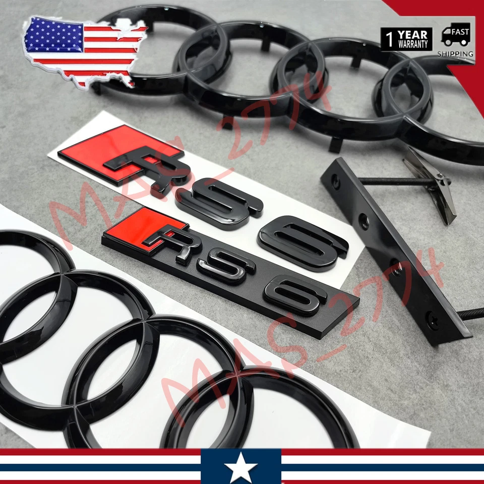 4 piezas anillo delantero negro RS6 285 mm 203 mm anillo trasero rejilla emblema maletero trasero insignia Foto 2 de 4