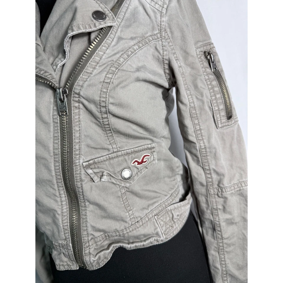 Chaqueta Hollister Moto Para Mujer Pequeña Cremallera Completa Marrón Y2K Recortada Foto 3 de 4