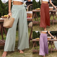 Women Cotton Linen Trousers Ladies Elastic Waist Loose Wide Leg Pants Palazzo ML
