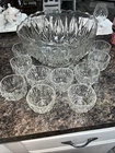 Vintage Williamsport Prescut Crystal Hazel Atlas Square Punch Bowl  W/10 Cups