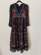FARM Rio anthropology Black Dress with Red Floral Print XS Bohemian Flowy