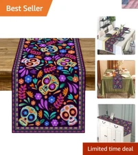 Vibrant Dia De Los Muertos Table Runner | Rustic Linen Sugar Skull Design, 13...