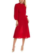 MAGGY LONDON Red Crepe Mock Neck Ruched Long Bishop Sleeve Midi Dress 16 = XL