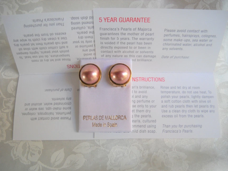 MABE MAJORCA/MALLORCA PEARL EARRINGS 14MM D. PINK PEARLS OMEGA CLIP GOLD FILLED - Image 3 of 4