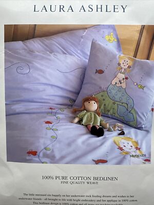 Laura Ashley Twin DUVET COVER Pillow Case Mermaids Lilac Purple Embroidered NEW