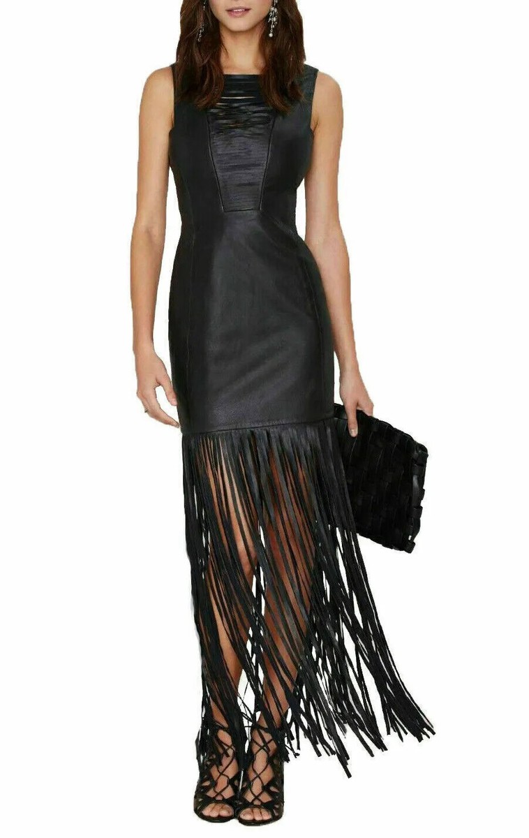 Women's BLACK Genuine Lambskin Leather Dress Handmade Fringed Party Stylish Wear | eBay Women's BLACK Genuine Lambskin Leather Dress Handmade Fringed Party Stylish Wear | eBay
