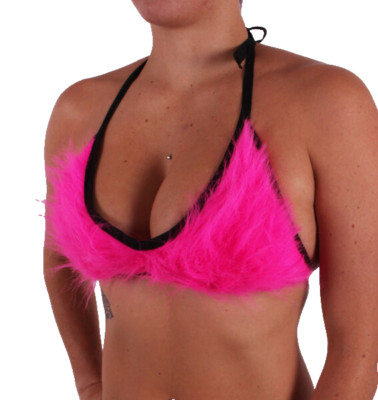 Womens Fur Bikini Top Pink Fuzzy Bra Blacklight Club Rave Cyber Punk Cat Costume