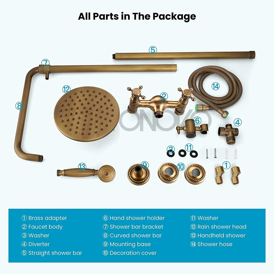 Antique Brass Shower Fixture Set 8" Rain 2 Knobs Shower Faucet Combo System - Image 4 of 4