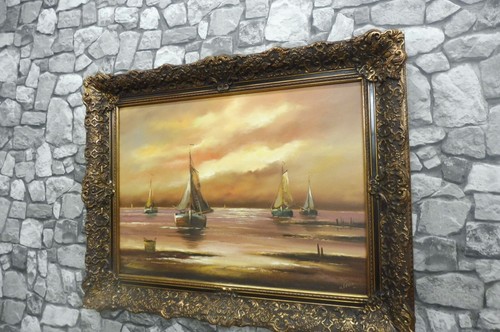 Beautiful Antique Oil Painting Canvas Sunset at Sea - Picture 2 of 12